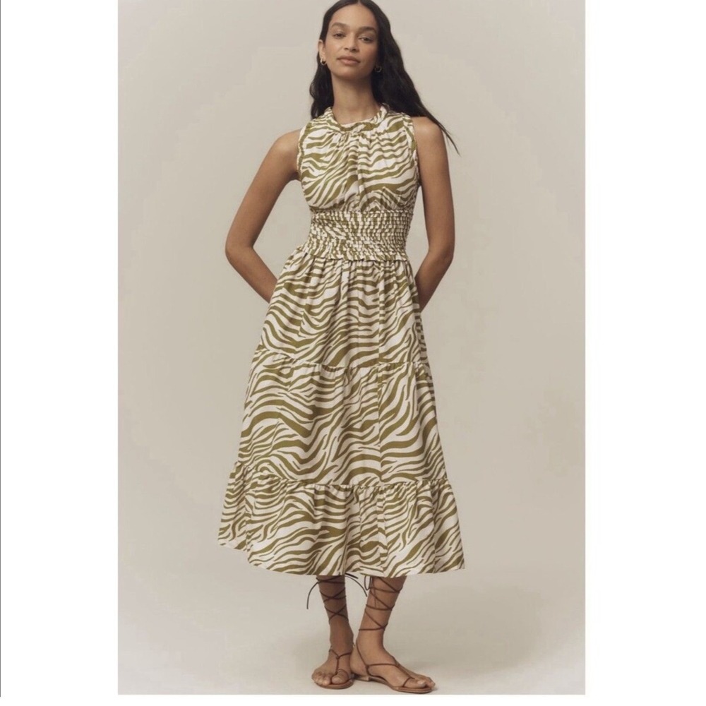 Anthropologie Zebra Smocked Midi‎ Dress Green XS Petite New With Tags